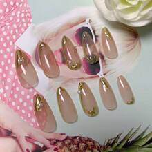 DAlmond Pr On Nails Medium  On Nails Gold French Fake Nails 3D Gold Lines And Pearl Acrylic Nails Nude Translucent Nails Pr Ons Simple And Reusable Stick On Nails For Women 24 Pcs7001 - vàng-2 - Xem 3