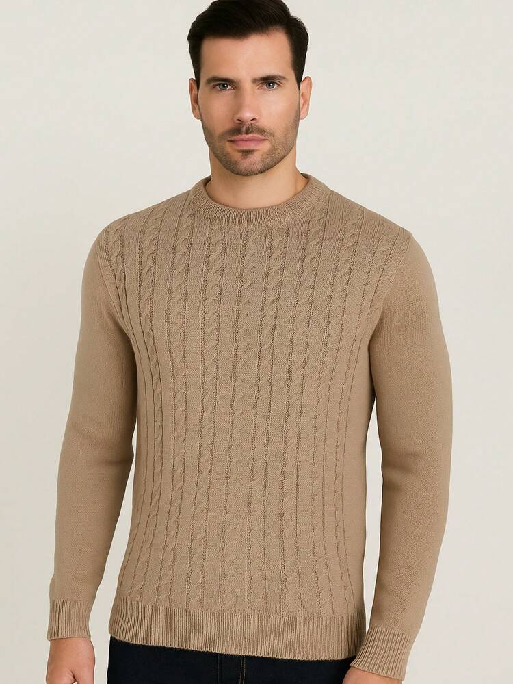 Men's Braided Knit Top - Men's Fall/Winter Regular Fit Braided Sweater For Going Out Night Out Weekend Casual - Beige - View 2