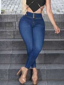 高腰蓝色牛仔裤，修身铅笔裤，版型显瘦，适合春夏、度假、假日、外出穿着。 - 藍色 - 查看 3