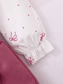 Set de 2 piezas para niñas pequeñas: Blusa elegante y dulce con cuello de moño de lunares rosas y falda corta de línea A única, apropiado para uso casual, vacaciones, salidas diarias, regalos, primavera/verano/otoño