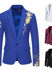 Large Size Suit Men's Paisley Hot Stamping Casual Slim Suit Jacket - Royal Blue - View 3