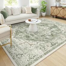 1Pc Extra Large Floral Geometric Area Rugs - Non-Slip TPR Backing, Machine Washable Low-Pile Polyester Carpet For Living Room, Bedroom, Office - Green Beige & White Modern Farmhouse Decor, Durable Floor Covering, Rugs For Living Room - Style 1 - View 1