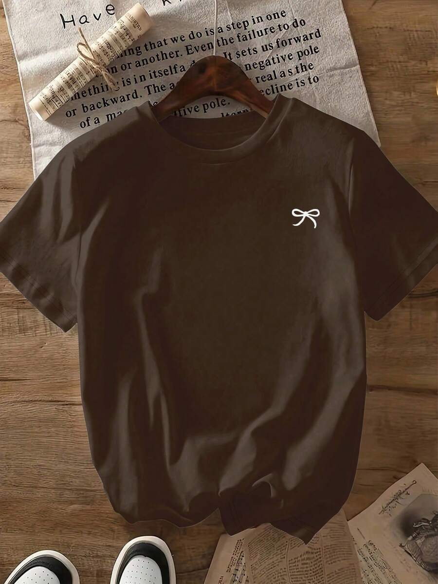 Camiseta de manga corta con lazo de talla grande, corte holgado, casual para primavera/verano - Café integral - Ver 1
