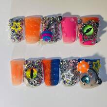 10pcs Punk Nails Chic Short Duckbill Press On Nails Set - Handcrafted With Shiny Rhinestones, Eye Charms, Glitter, And Colorful Accents, Features Red Blue And French Tip Style, Perfect For Parties & Casual Attire, Suitable For Wedding Parties And Daily Wear, Includes Tool Kit For Easy Application. - 彩色 - 查看 6