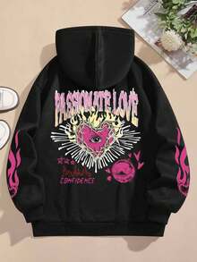 Oversize Damen Lässig Hoodie mit Tunnelzug - bedrucktes Muster mit Augen und Herzen, maschinenwaschbar, Herbst- und Winterdesign mit Buchstaben-Muster