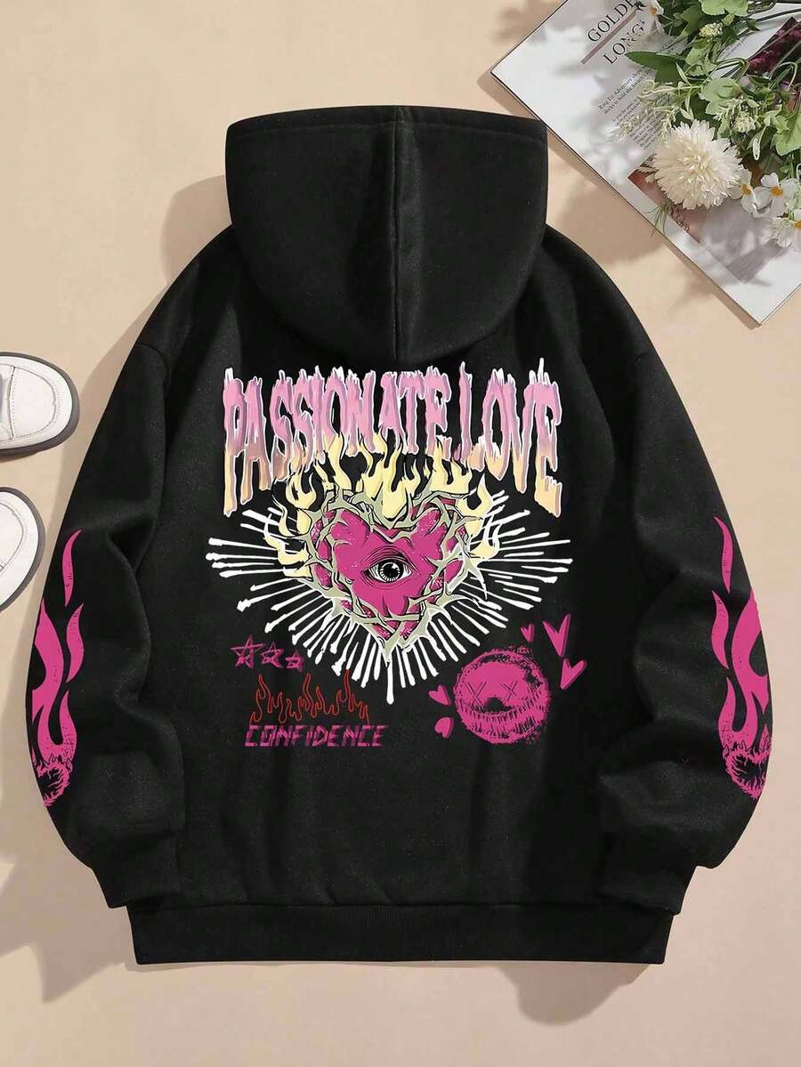 Oversize Damen Lässig Hoodie mit Tunnelzug - bedrucktes Muster mit Augen und Herzen, maschinenwaschbar, Herbst- und Winterdesign mit Buchstaben-Muster