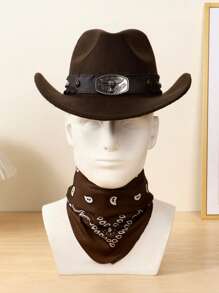 1 Set Unisex Cowboy Hat With Bull Horn Decor + 1 Cashew Pattern Scarf Fashion Outfit, Suitable For Horse Riding, Rodeo, Music Festivals, Bars, Gifts And Daily Use