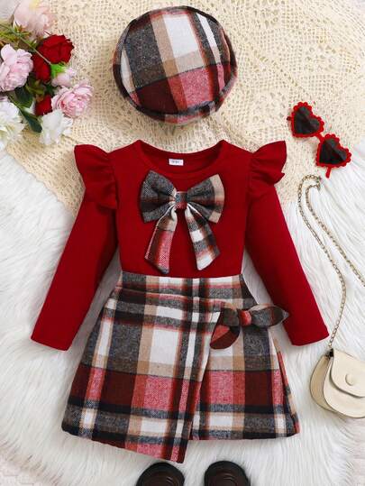 Baby Girl 3pcs/Set Red Long Sleeve Bow Top, Plaid Bow Skirt And Hat Outfit
