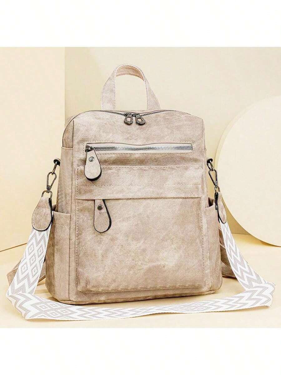 2025年新款中号旅行背包女背包女式真皮背包女孩女士书包 - 卡其色 - 查看 1