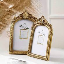 1pc Vintage European Style Gold Floral Arch Shaped Decorative Photo Frame, Resin Artistic Embossed Luxurious Frame With Glass Panel, Suitable For Wedding, Holiday Souvenirs, And Indoor/Outdoor Home Decor - Multicolor - View 2