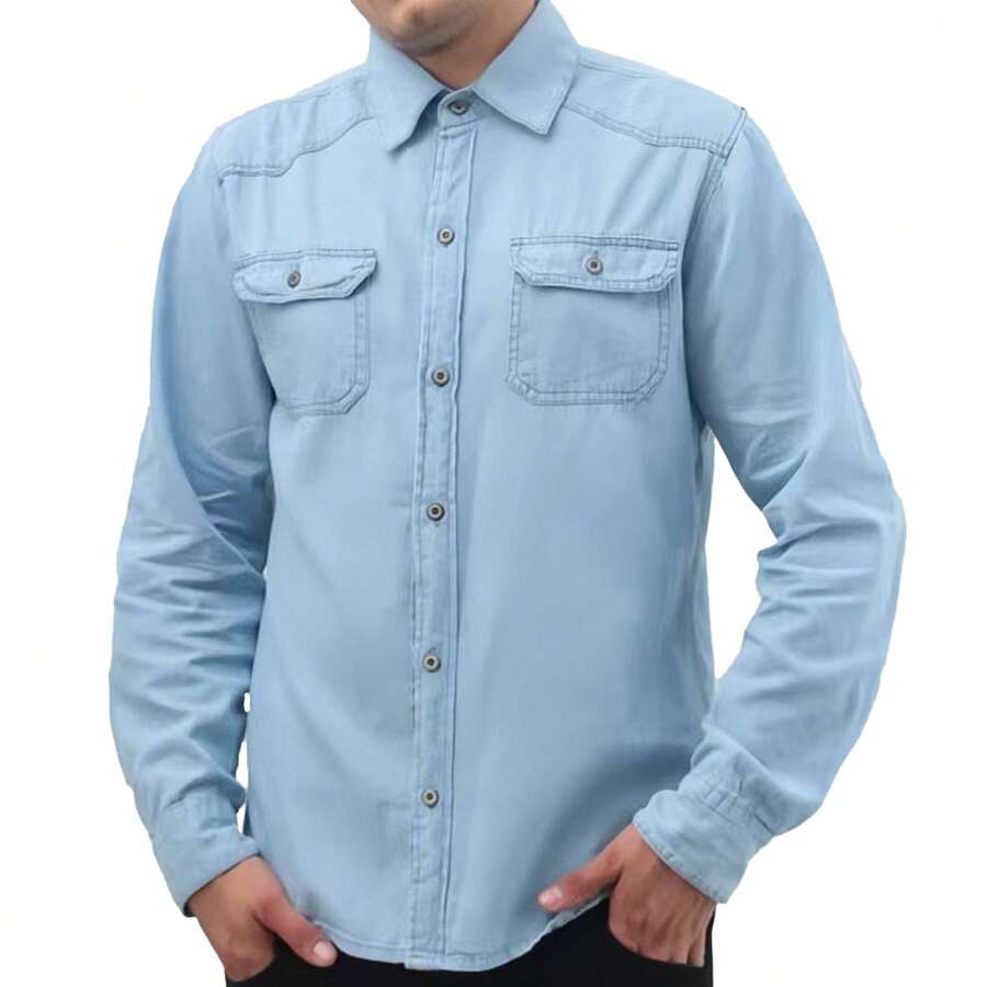 Men's Long Sleeve Denim Shirt With Pocket And Button - Rửa nhẹ - Xem 1