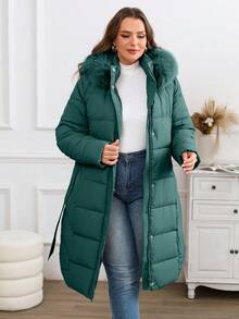 Giolshon Women's Plus Size Minimalist Long Hooded Jacket With Belt And Faux Fur Collar - Suitable For Autumn/Winter - Green - View 3