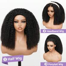 3 In 1 Half Wig | Afro Curly Flexible Fit Half Wig With Drawstring Natural Hairline Beginner Friendly Kinky Curly Glueless Wigs With Drawstring Seamless Put On Go Glueless Wig - Natural Black - 查看 4