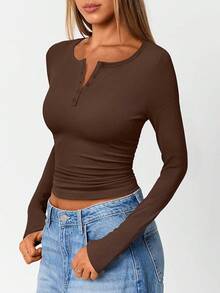 Womens Long Sleeve Shirts Henley Casual Outfits Slim Fitted Polyester Tops Ribbed Fashion Basic Tees 2026 Light And Breathable - Coffee - View 3
