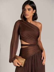 Long Dress For Bridesmaids Wedding Graduation One Elegant Sleeve - Rust Brown - View 4