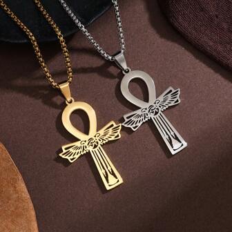 1 pièce Collier avec pendentif croix ankh égyptienne, clé de la vie, en acier inoxydable avec pendentif œil d'Horus égyptien