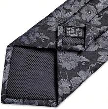 Conjunto de corbata de seda con estampado floral, incluye pinza de corbata, pañuelo y gemelos - Negro y gris - Ver 5