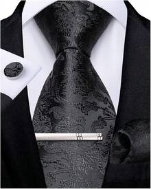 Silk Floral Necktie Set With Tie Clip, Handkerchief & Cufflinks - Solid Black Floral - View 1