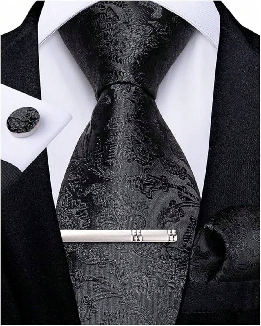 Silk Floral Necktie Set With Tie Clip, Handkerchief & Cufflinks - Solid Black Floral - View 1