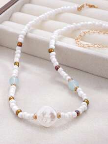 3件套夏季女孩海滩度假风格海星和贝壳串珠多层项链 - 均碼 - 查看 5