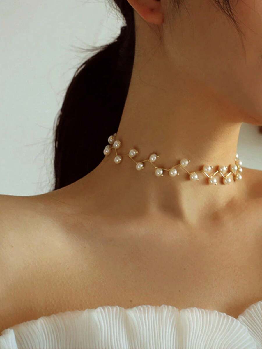"Imoli Random Faux Pearl Decor Choker Necklace – And Elegant Design, Perfect For Everyday Wear, Casual Or Special Occasions, Fashionable Jewelry For Women, Unique And Versatile Accessory" - 黃金 - 查看 1