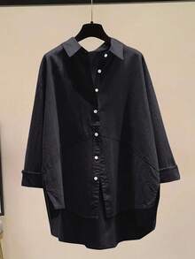 大码女式纯色简约纽扣衬衫，日常穿着黑色春季款 - 黑色 - 查看 3