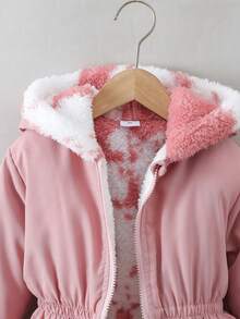 女童保暖毛绒双面连帽拉链开衫，厚实舒适，适合秋冬季 - 粉色 - 查看 7