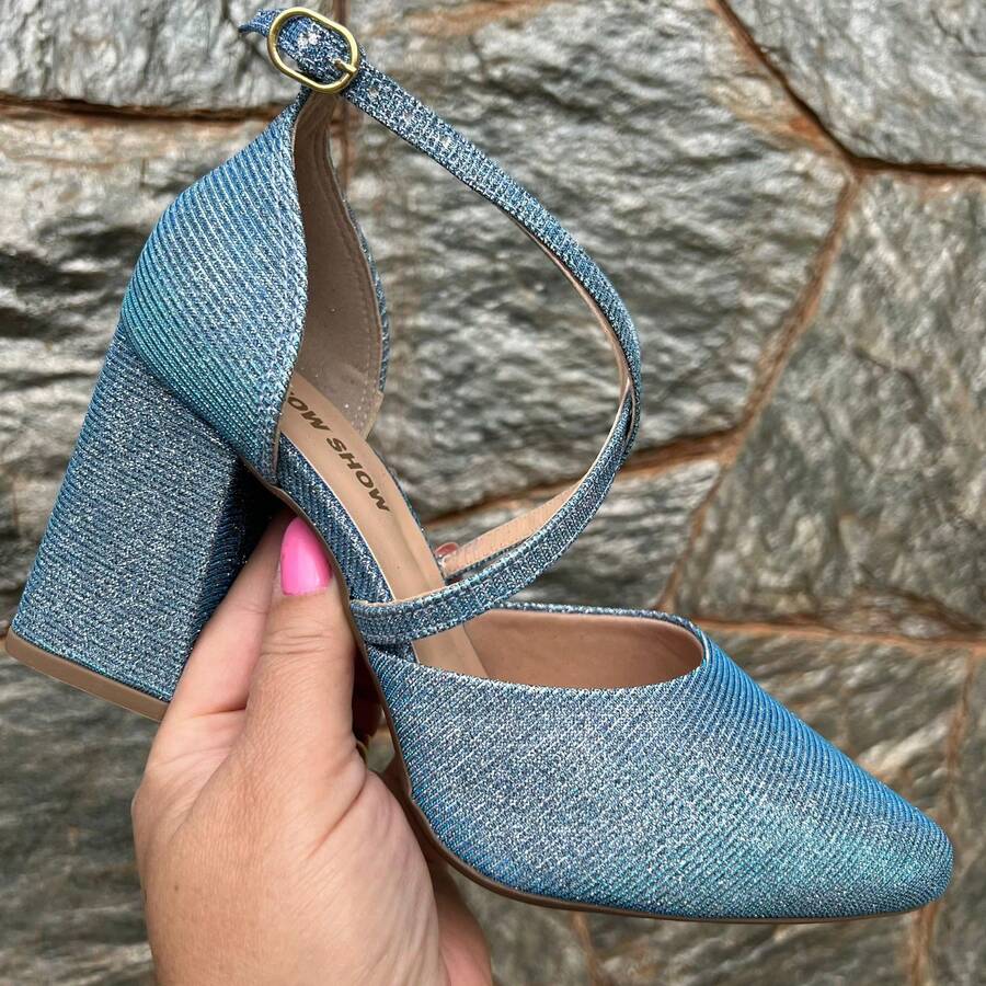 Women's Pumps, Cross Straps, High Heels, 8 Cm, Thick, Elegant Shine, Original Show Show - 藍色光芒 - 查看 1