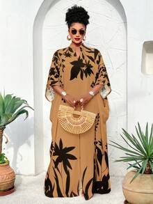 BIUBIU This Plus Size Women's Spring/Summer Off-Shoulder Loose Front Slit Maxi Dress With Sunshine/Plant Element Print Is An Important Fashion Item For Spring Vacation. - Black Flower - View 3