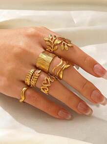 5/6pcs Stainless Steel 18K Gold Plated Minimalist Geometric Heart & Oval Line Open Rings, Suitable For Women Everyday Wear