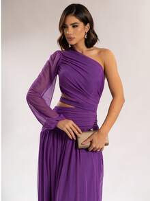 Long Dress For Bridesmaids Wedding Graduation One Elegant Sleeve - الأرجواني - مشاهدة 3
