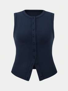 欧美风格女装夏季新款简约时尚修身纽扣装饰休闲百搭吊带背心 - 藏蓝色 - 查看 2