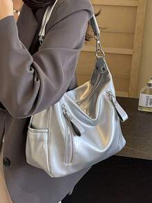 Merlard Retro 2025 磨砂质感大容量时尚百搭单肩包，高端沙滩包，托特包，购物袋，大包，小众质感手提包，拉链双肩带斜挎包 - 銀色 - 查看 7