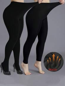 1 件女士保暖内衬紧身打底裤，性感时尚，秋冬季薄款保暖短款紧身裤 - 黑色 - 查看 2