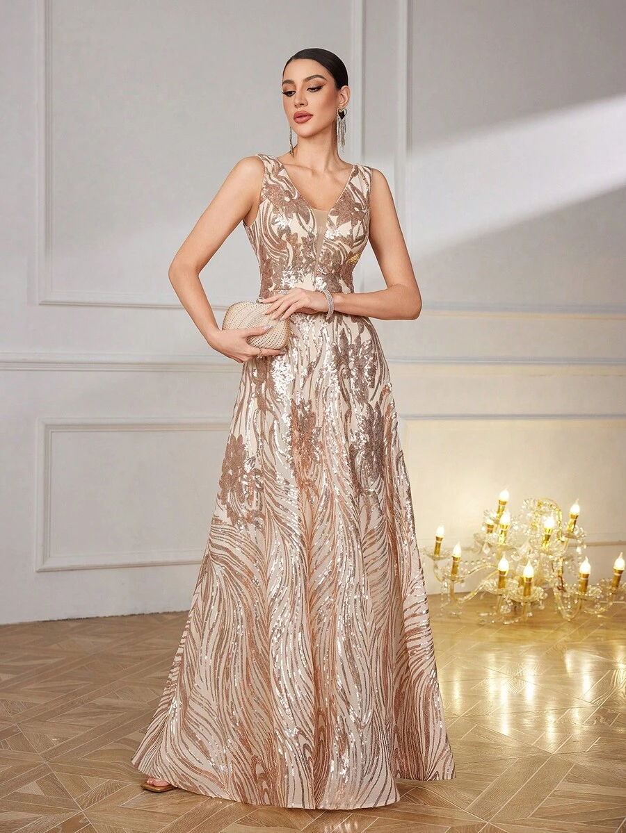 SUPGIR Women's Elegant V-Neck Sleeveless Backless Slim-Fitting Sequin Ball Gown Maxi Evening Dress