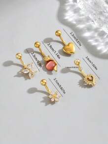 5pcs Stainless Steel Bent Rod Belly Button Rings Set With Sparkly Rhinestone Butterfly Heart Sun Fox Flower Combination Shape Women Belly Chain Pendant Piercing Jewelry Foraily Wear Valentines, Fashion Cubic Zirconia Decor, Belly Button Piercing
