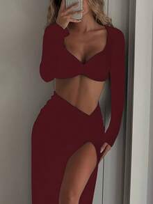 女士性感褶皱露肩短款上衣和开衩裙两件套时尚派对度假优雅节日秋冬装