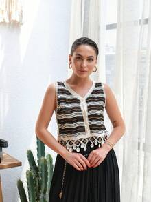 优雅流苏细节钩针开衫，多色蕾丝拼接女士无袖背心，针织上衣