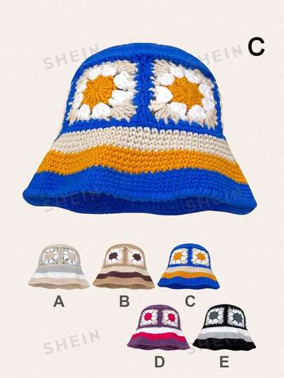 1pc Men's Contrast Color Geometric Floral Pattern Striped Brim Knitted Bucket Hat, Handmade, Suitable For Spring And Autumn Daily Wear Beanie Fall Outfit