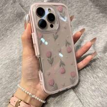 Pink Tulip Rainbow Transparent Phone Case, Minimalist Design, Compatible With IPhone 16/16 Plus/16 Pro/16 Pro Max, 15/15 Plus/15 Pro/15 Pro Max, 14/14 Plus/14 Pro/14 Pro Max, 13/13 Pro/13 Pro Max, 12/12 Pro/12 Pro Max, 11/11 Pro Max Waterproof Shockproof Anti-Fall Scratch Resistant - Pink - View 3
