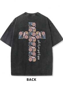 230g Washed Batik Vintage Short-Sleeved T-Shirt, Double-Sided Printed Flowers, Christianity, Men, Cross, God.