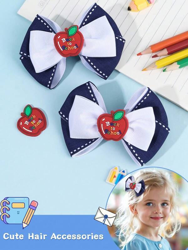 2pcs Back To School Season Hair Bow Clip For Girl,Apple Decor Balck White Polyester Fiber Bow Clip,Simple And Elegant For Teen Student Daily And Class Hair Accessory