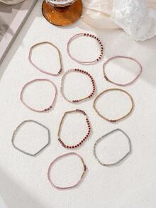 10pcs/Set Handmade Mixed Color Beaded Multilayer Elastic Bracelet Set For Women, Suitable For Holiday Party Jewelry Accessories - Multicolor - View 2