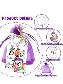 48 Stück/24 Stück Halloween Schlüsselanhänger Geschenkset, enthält 6 Stück Halloween Schlüsselanhänger, 6 Stück Dankeskarten, 6 Stück Organzabeutel und 6 Stück 40cm Leinenbeutel, mit Geist, schwarzer Katze, Fledermaus, Kürbis Mustern, geeignet für Halloween Party Gastgeschenke, Taschenanhänger, Spukhaus Dekorationen, Halloween Dekorationen