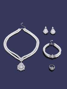 1 套女士玻璃仿珍珠和方晶锆石首饰套装，包括项链、手链、耳环、戒指、新娘/情人节礼物 - 項鍊 - 查看 3