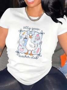 Oversized Women's T-Shirt  Silly Goose Teacher Club Print  Back To School Tee  Perfect For Classroom & School Events  Fast Delivery - 白色 - 查看 1