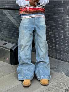 1 件男士宽松做旧砖纹印花牛仔阔腿牛仔裤 - 藍色 - 查看 1