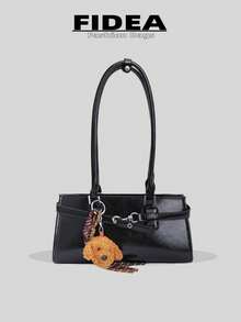 Fashionable New Women's Tote Bag, Solid Color Minimalist PU Leather Vintage Style, Suitable For Dates, Shopping, Versatile, Comes With Keychain Pendant - Black - View 2