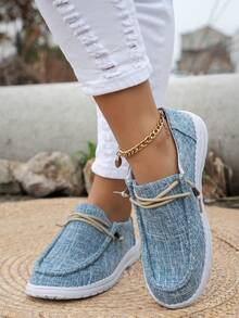 Women's Loafers, Casual Holiday Style, Four Seasons Style, Indoor And Outdoor, Solid Color Pattern, Versatile, Light And Comfortable, Round Toe, Elastic Laces, Easy To Put On And Take Off Flat Shoes - 藍色 - 查看 3