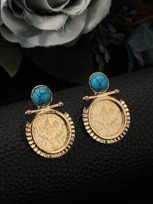 1 对金币耳环，阿拉伯畅销幸运图腾女士绿松石耳钉 - 彩色 - 查看 5